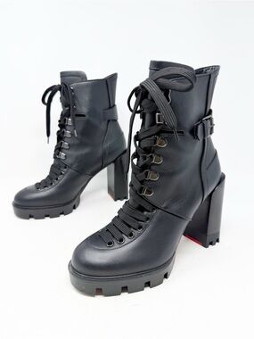 Christian Louboutin Macademia Lug Sole Ankle Boots Black Leather Size EU 38.5